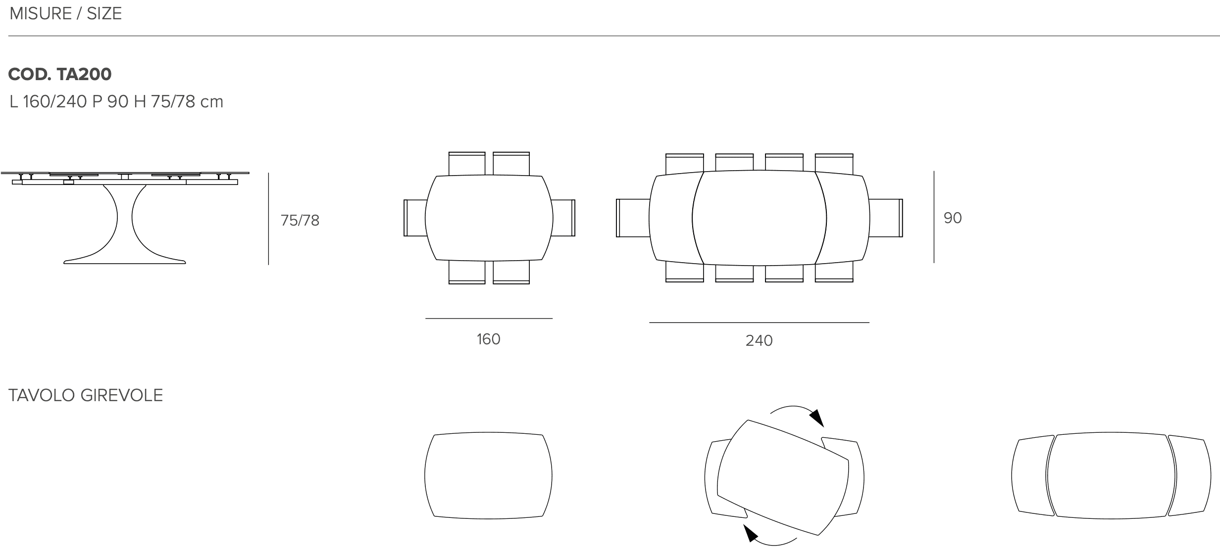 Размеры стола Target Point Calice 160(240)X90 см, TA200